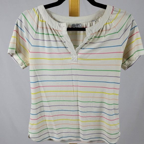 Vintage Society rainbow stripe gathered neck button collar tee - Picture 1 of 9